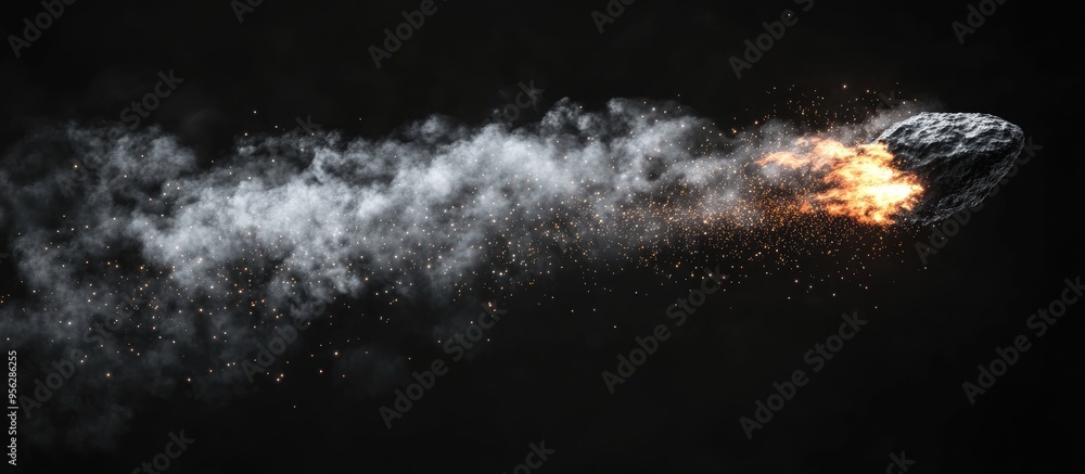 Aufkleber Texture of a falling comet in a 3D cartoon rendering featuring sparks smoke and a trail of particles isolated on a black background
