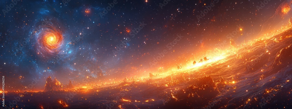 Aufkleber Space scene in a 3D cartoon rendering featuring a panoramic view of the galaxy filled with stars and nebulae