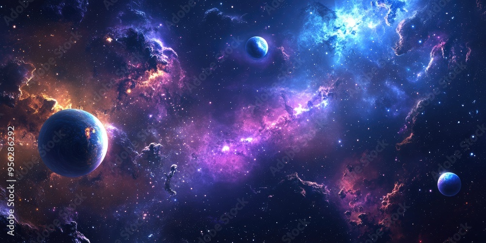 Poster 2D illustration in a 3D cartoon rendering style A deep vast space scene featuring stars planets and moons Various imaginative science fiction backdrops including alien solar systems and a realistic