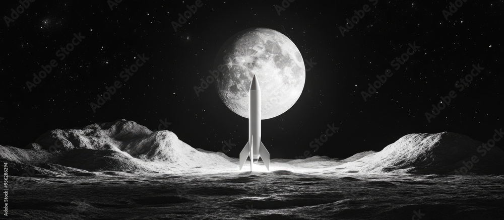 Poster flying rocket to the moon in a 3d cartoon rendering white image on a black background
