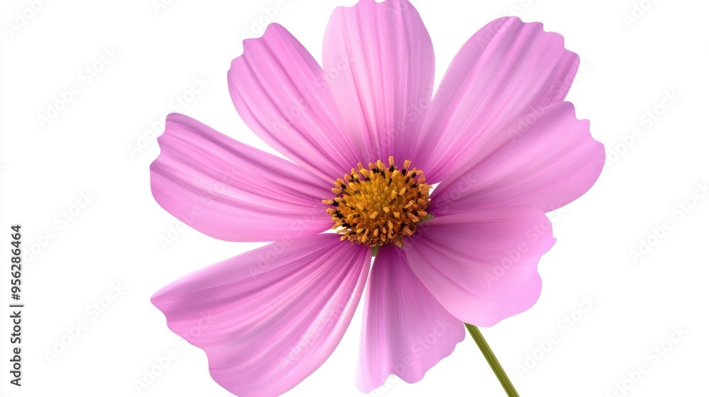 Poster Isolated pink cosmos flower in a 3D cartoon rendering on a white background featuring floral depth of field and a clipping path