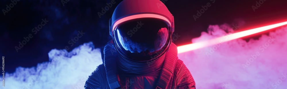 Poster Cartoon style 3D rendering depicting a spaceman on a mission created with mixed media