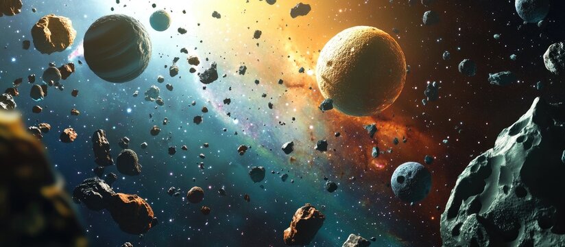3D cartoon depiction of planets meteoroids comets asteroids astrology and the solar system in outer space