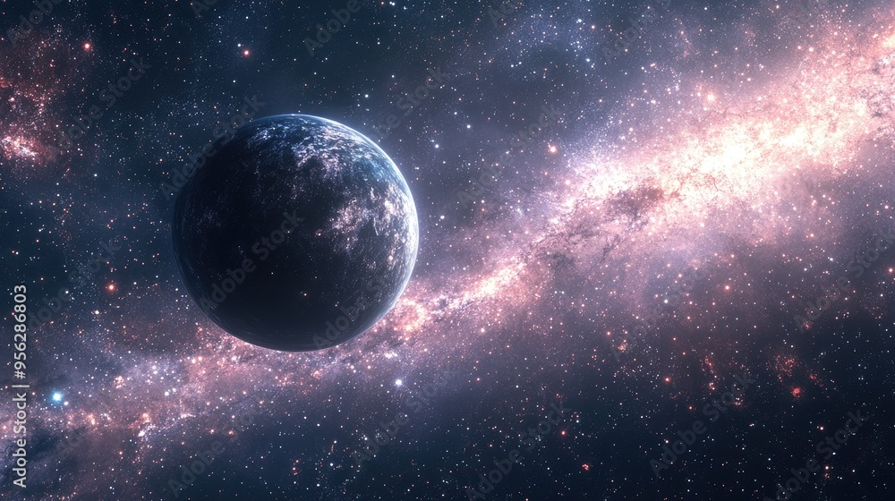 Aufkleber stars of a planet and galaxy in a free space depicted in a 3d cartoon rendering
