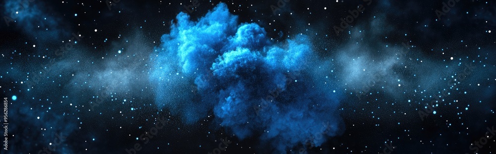 Poster 3D cartoon representation of an explosion of blue powder against a dark background featuring an abstract design of a white dust cloud A scene depicting particle eruption suitable for a screensaver