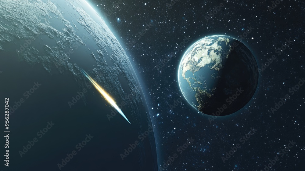 Poster cartoon style 3d rendering of earth and a comet