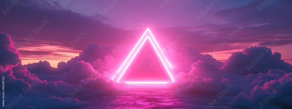 Poster 3D render featuring an abstract pink neon background stormy clouds and a geometric pyramid shape in a cartoon style