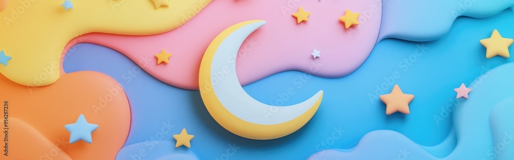 Poster Colorful moon and stars icon in 3D cartoon rendering isolated on a vibrant background with a white circular button