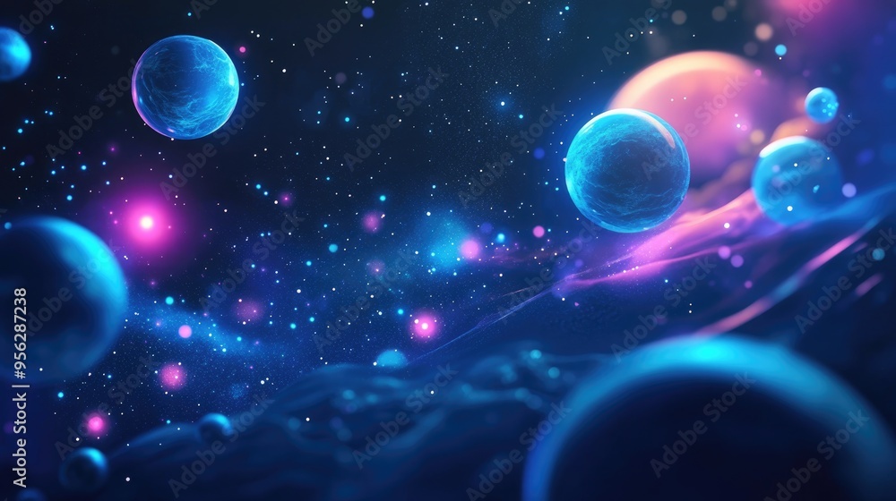 Leinwandbilder Dark retro futuristic abstract background with a 3D cartoon rendering of a glowing galaxy starry sky and blue circles representing planets