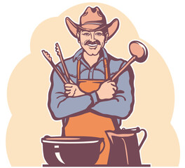 Cowboy Chef cooking traditional food. Smiling cowboy with western hat hold ladle colors vector illustration isolated on white background printable for Cookbook design.