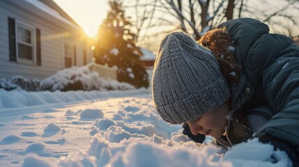A person wearing a grey beanie and a heavy jacket, methodically clearing a path through the snow-covered driveway early in the morning.