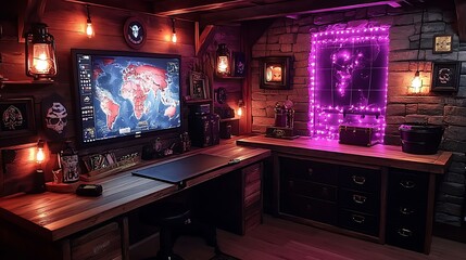 A swashbuckling pirate's cove gaming room, featuring wooden beams, a weathered desk resembling a ship captain’s table, and a large map of the seas on the wall,
