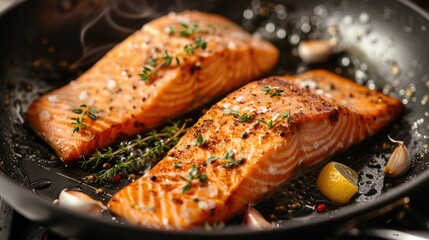 Two slices of fresh salmon fillet with a crispy fried skin in a black pan with garlic thyme and lemon on the stove cooking a delicious seafood meal selected focus narrow depth of field