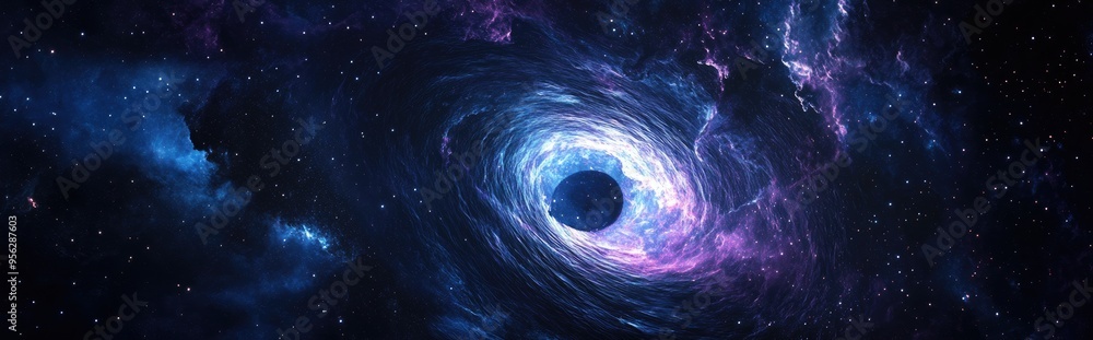 Poster Black hole in a 3D cartoon rendering featuring massive stars a cold dark nebula and a deep space backdrop with a dark night sky and interstellar environment 2D illustration