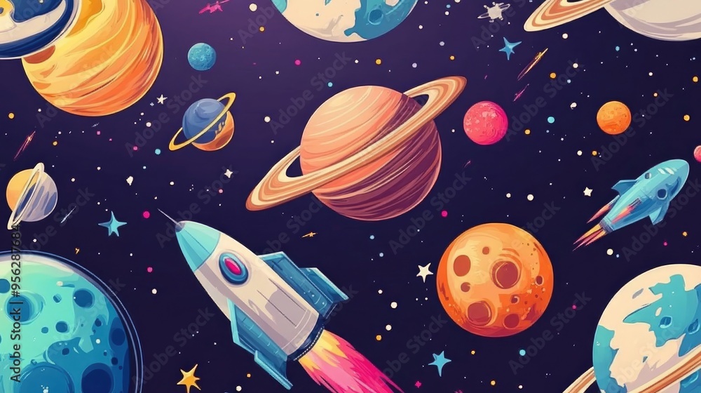 Poster hand drawn seamless pattern featuring planets and spaceships in a 3d cartoon style for a children s 