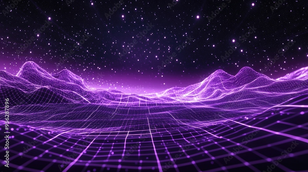 Aufkleber Abstract ultraviolet landscape in a dark background featuring a purple cyberspace grid and a high tech network The image depicts a violet starry outer space texture Vertical orientation 3D cartoon