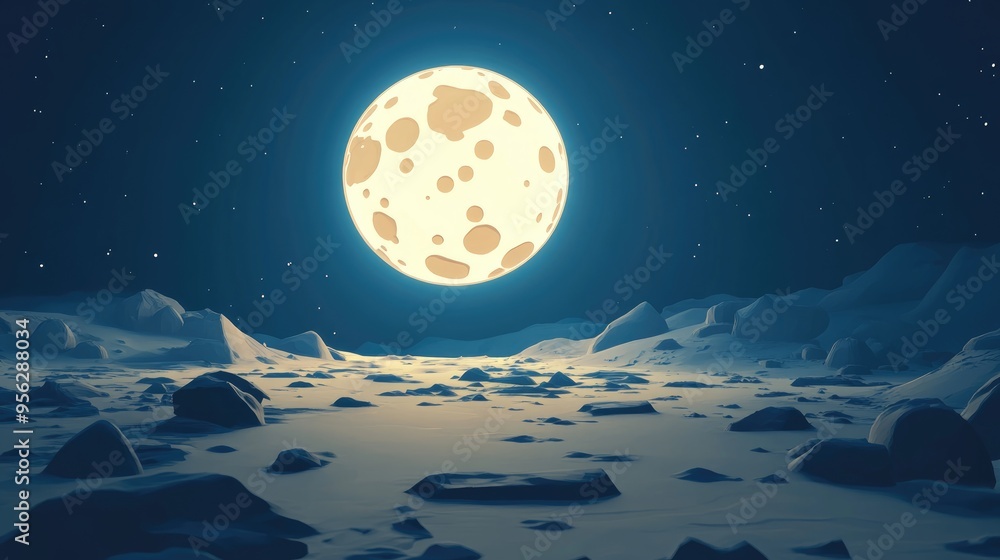 Poster flat moon illustration with longshadow in 3d cartoon rendering