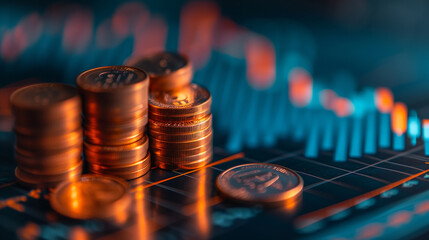 Stack of Coins with Financial Data and Graphs in the Background.