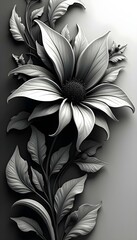 A black and white abstract floral design with a stylized flower shape and leaf