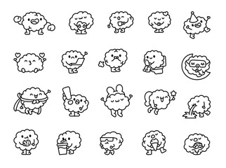 Brain creative character. Coloring Page. Smart kawaii organ. Hand drawn style. Vector drawing. Collection of design elements.