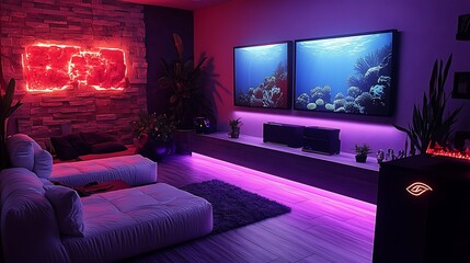 A tranquil underwater gaming room, featuring blue ambient lighting, furniture designed to look like coral formations, and walls adorned with aquatic scenes,