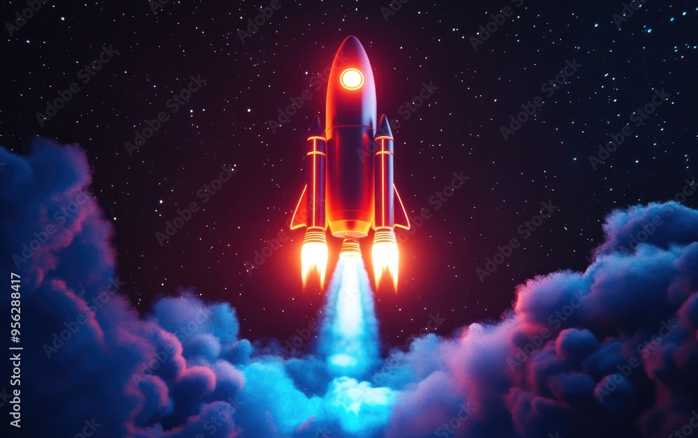 Aufkleber Rocket soaring into the starry sky in a 3D cartoon rendering Spaceship commences its mission Space shuttle launches for the mission