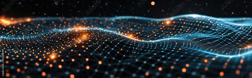 Leinwandbilder 3D illustration featuring a black abstract background with a high tech network cyberspace grid and a starry outer space texture