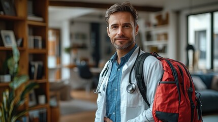 Dedicated Doctor Preparing for the Day: Packing Medical Bag and Bidding Family Goodbye at Home