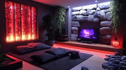 A tranquil Zen gaming room, featuring tatami mats, a low wooden desk, and shoji screens, with soft ambient lighting from traditional Japanese lanterns,