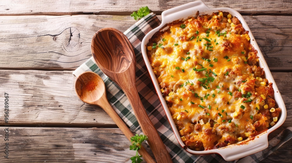Poster sausage hash brown breakfast casserole with corn and cheese in baking dish on dark wooden table with