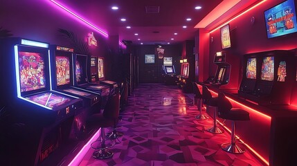 A vibrant retro arcade room, with bright neon pink and blue lights illuminating classic arcade machines, pixelated characters on the walls, and a patterned carpet reminiscent of the 80s,