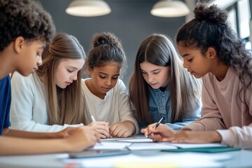 Diverse group of students engaged in school project