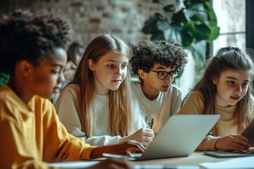 Fototapeta premium Diverse students engaged with laptop in classroom