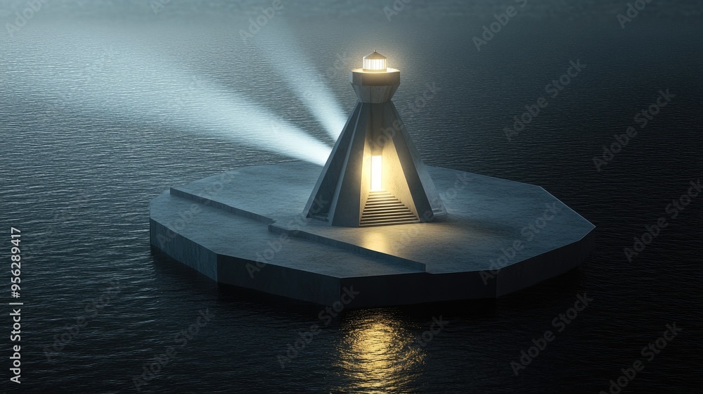 Poster geometric lighthouse digital artwork showcasing a unique polyhedral design with beams of light refle