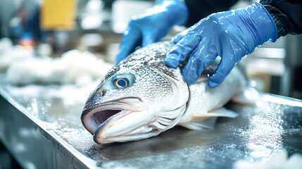 A worker in blue protective gloves carefully holds a large sea bass, preparing to cut off its tail in a busy fish processing factory, ensuring quality meat production