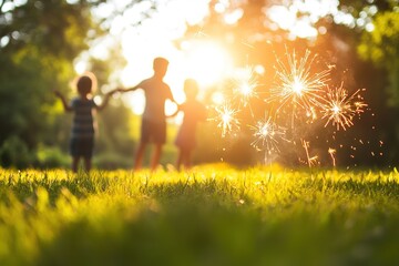 Family holding sparklers on sunny lawn
