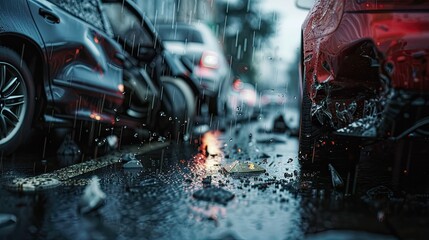Car accident on wet road during rain head on collision side view Two cars damaged after head on collision car crash Car crash on the street damaged cars after collision Traffic rules violation