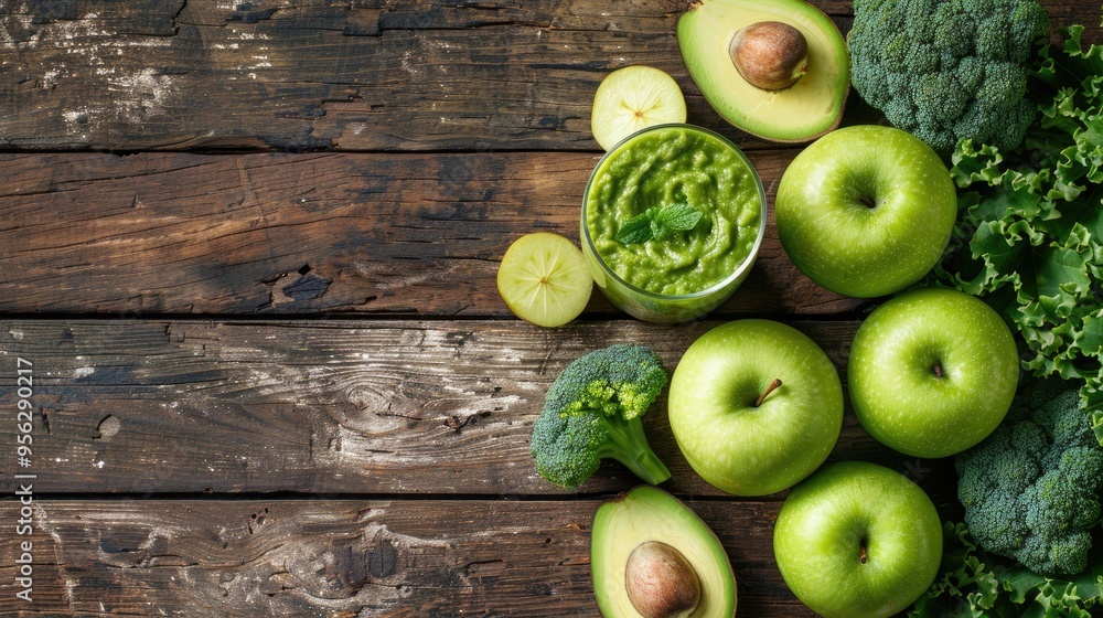 Poster green smoothie detox with kale avocado and apples on wooden table top view copy space