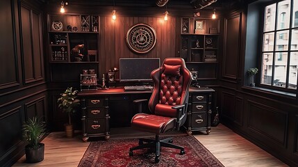 A Victorian-inspired steampunk gaming room, with dark wooden paneling, brass gears and pipes running along the walls, and a leather gaming chair, featuring a vintage desk with brass inlays,