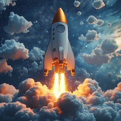 Obraz premium A dynamic rocket launching into the clouds symbolizes business growth and innovation. Ideal for marketing materials, tech events, and startup promotions.