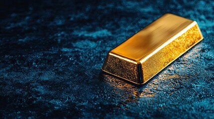 A shiny gold bar resting on a textured blue surface, symbolizing wealth, luxury, and investment opportunities.