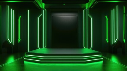 Fototapeta premium Futuristic studio backdrop featuring neon panels in dark green hues designed as a podium for showcasing products