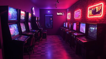 A vintage arcade-themed gaming room, featuring rows of classic arcade cabinets with glowing screens, neon signs on the walls, and a checkerboard floor,