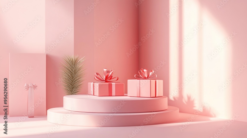 Aufkleber Abstract background featuring a podium setup ideal for product presentation complemented by a gift box design 3D rendering