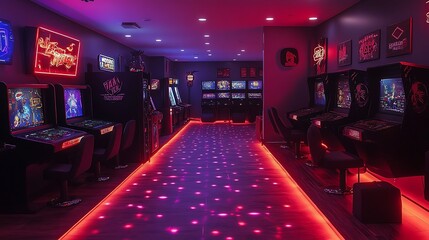A vintage-inspired gaming room, packed with classic arcade machines, neon lights casting colorful shadows, pixel art decor, and retro posters lining the walls, with a floor covered in bold,