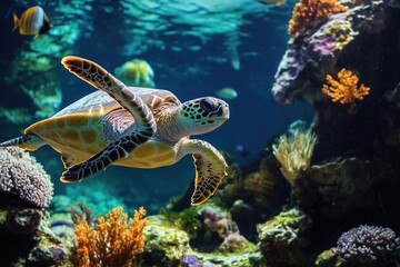 Obraz premium A Green Sea Turtle Swimming Amidst Coral Reefs
