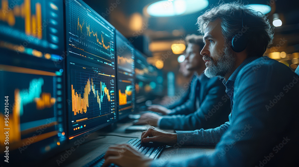 Poster business team analyzing data on multiple computer screens in modern office, focused professionals ev