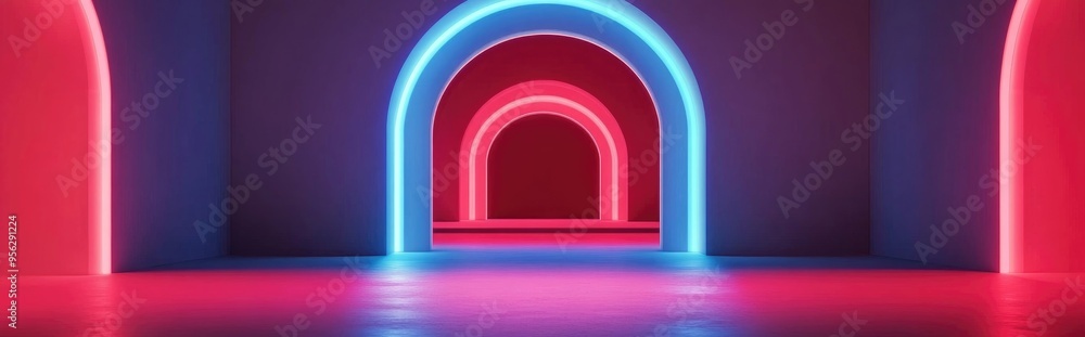 Poster Interior background featuring light through arched openings in an empty room 3D rendering