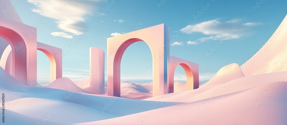 Poster Surreal pastel landscape featuring geometric shapes and abstract desert dunes complemented by arches in a panoramic futuristic setting with blue skies and clouds offering ample copy space