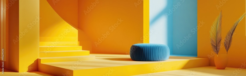 Aufkleber Blue product display in a bright yellow space studio setup for minimalistic design 3D visualization